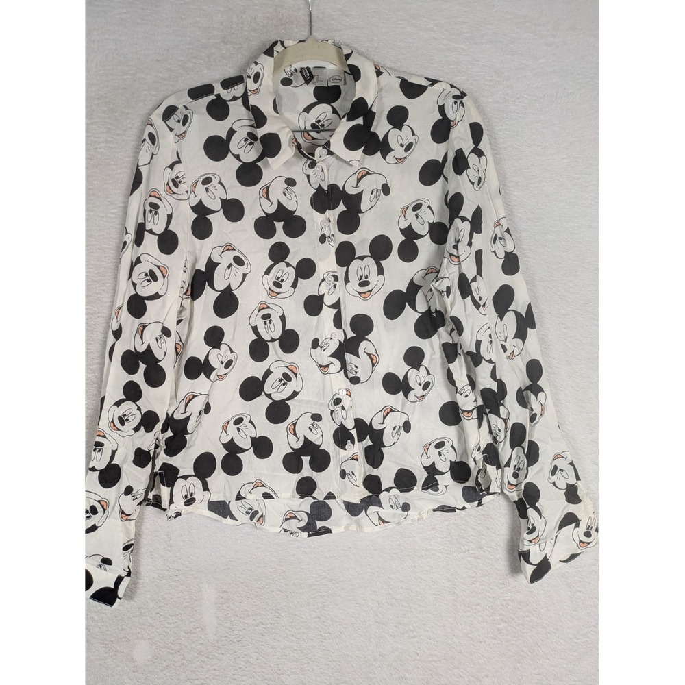H&M Divided Button Up Shirt Women's 10 White Mickey Mouse Disney Long Sleeve